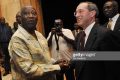 Elysee General Secretary Claude Gueant (R) shakes hands with Ivory Coast's president Laurent Gbagbo (L) upon arrival on October 2, 2010 in Yamoussoukro as part of a visit ahead of the October 31 poll. The election is intended to help end a crisis that has seen the west African country divided in two since a foiled coup against Gbagbo in 2002, when rebels of the New Forces (FN) took control of northern Ivory Coast.  Elections have been postponed seven times since Gbagbo's mandate expired in 2005, with the latest delay occurring in February when the head of state scrapped both the government and the Independent Electoral Commission (CEI).AFP PHOTO SIA KAMBOU (Photo credit should read SIA KAMBOU/AFP/Getty Images)